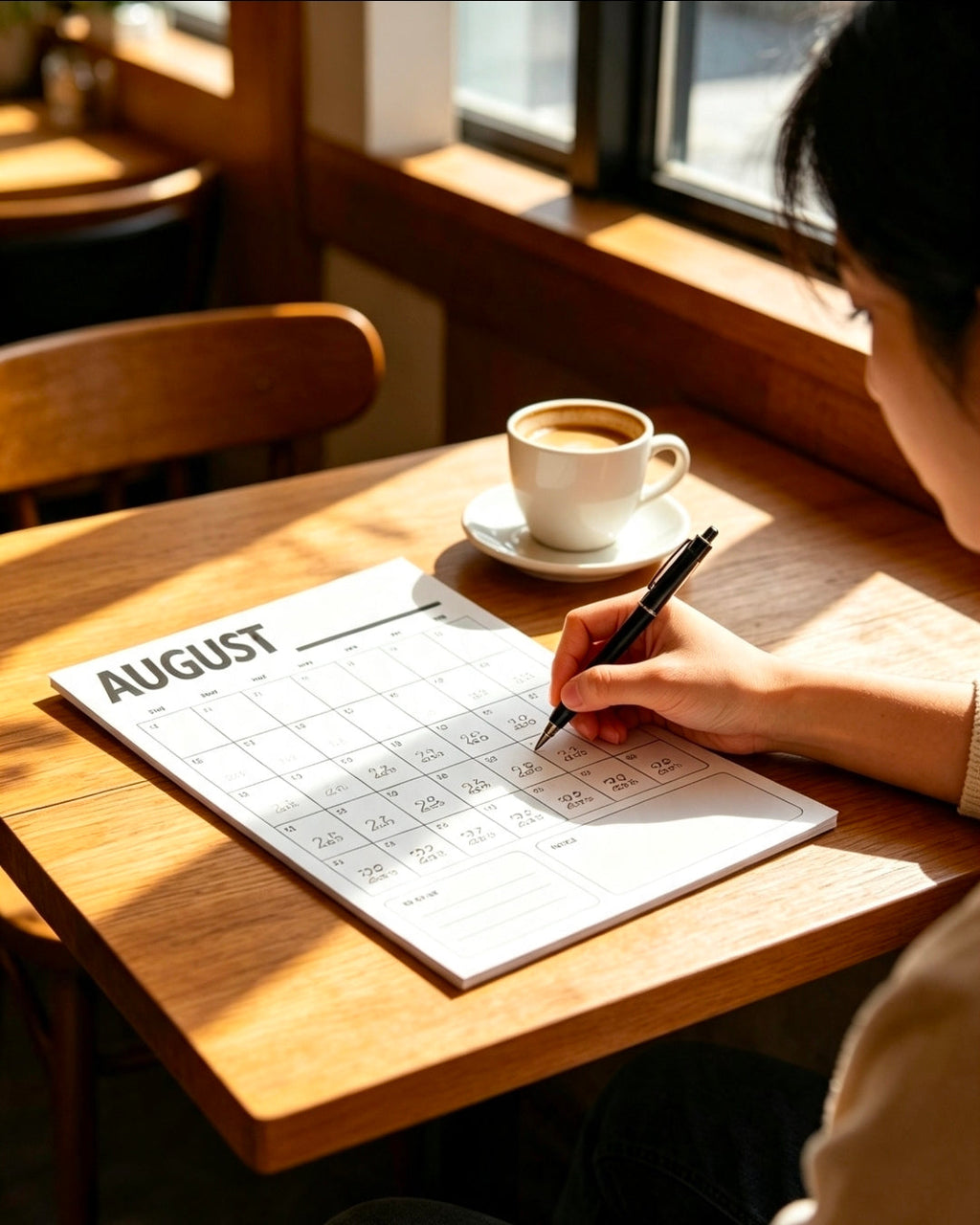 Monthly calendar planning sheet sitting on a wooden desk next to a warm coffee cup