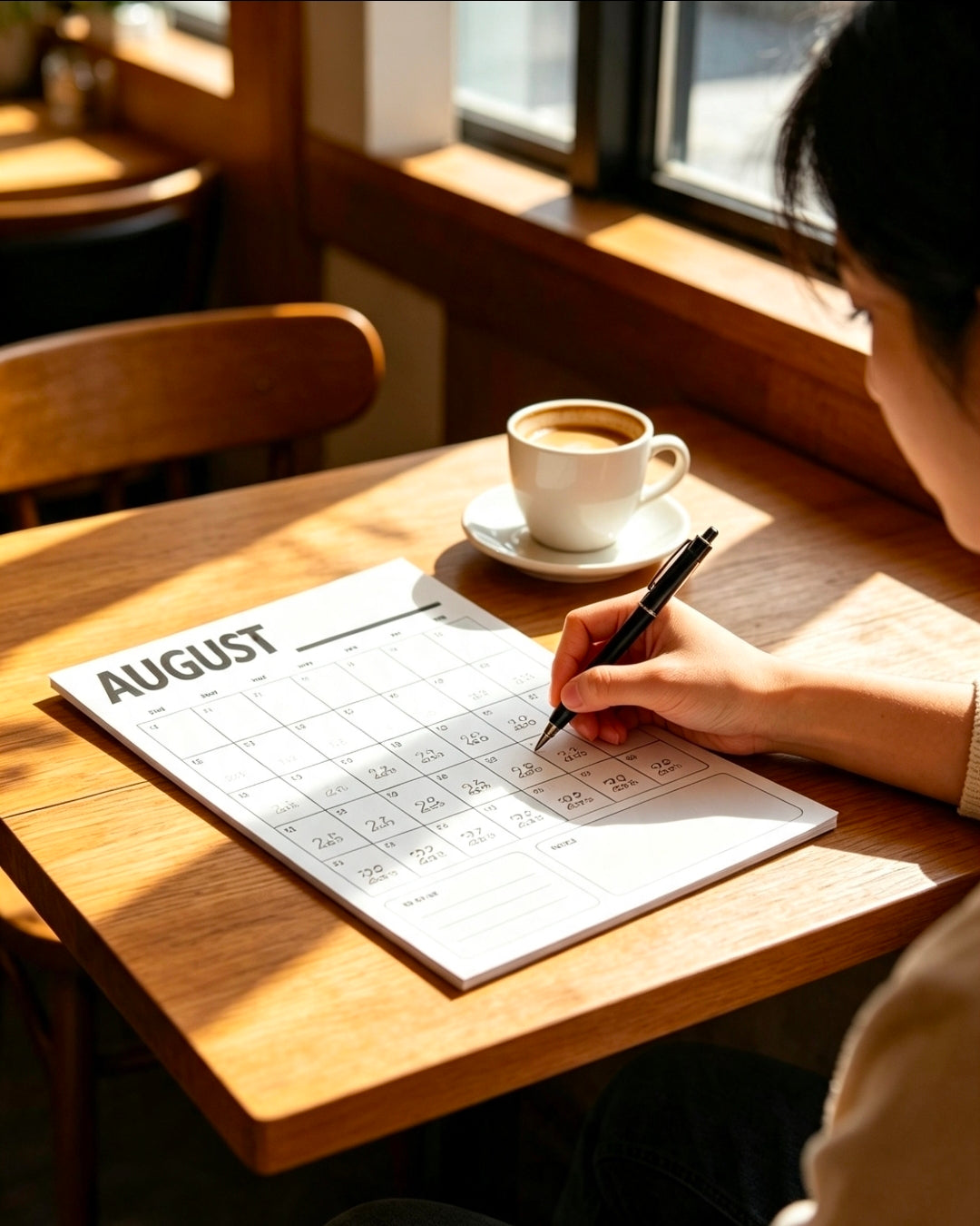 Monthly calendar planning sheet sitting on a wooden desk next to a warm coffee cup