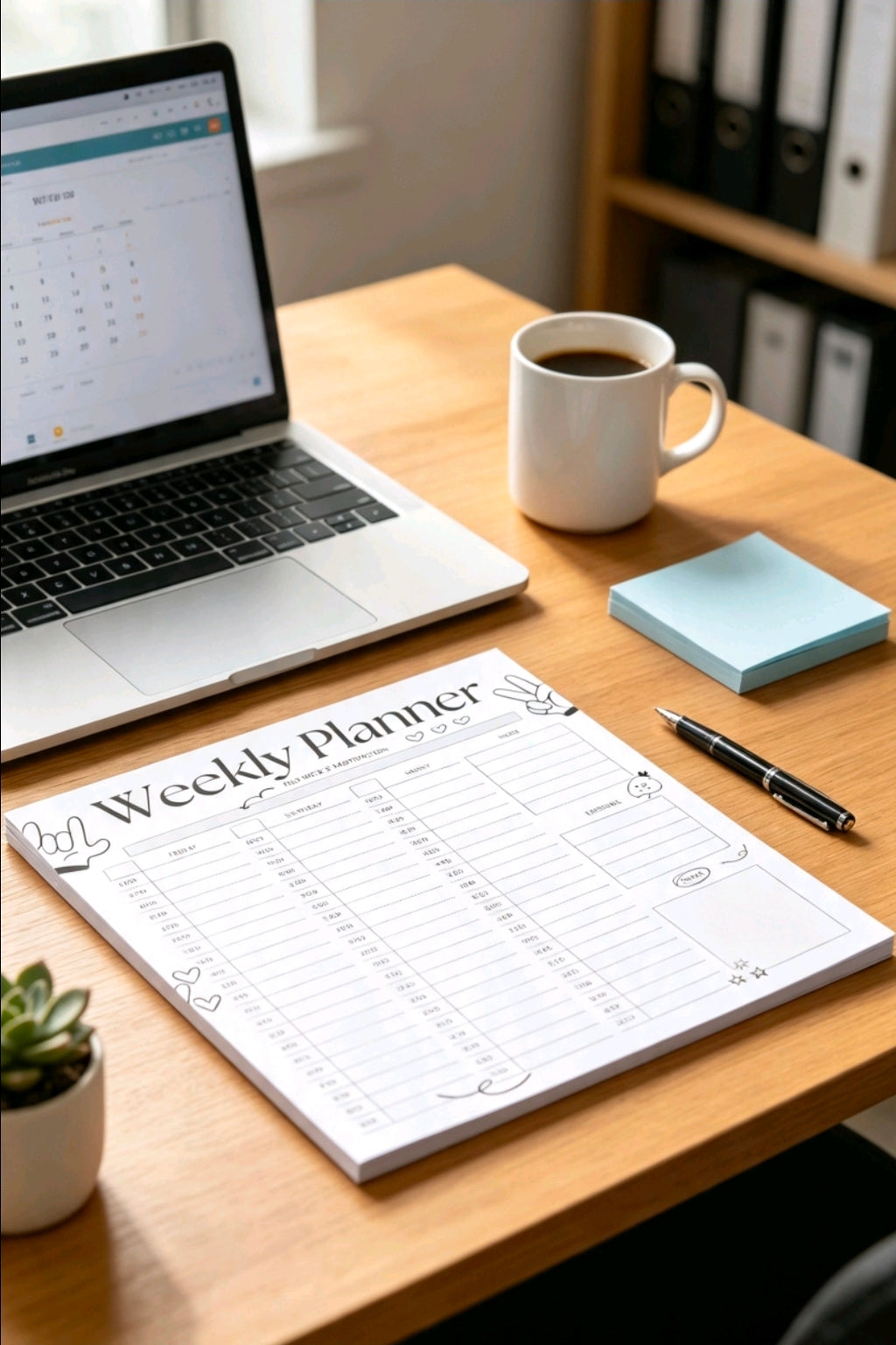 A minimalist printable weekly planner sheet on a desk next to a laptop and a coffee mug