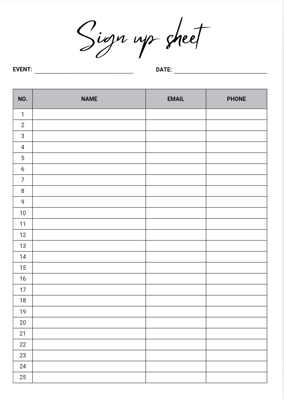 A clean blank registration log and printable attendance tracker sheet template