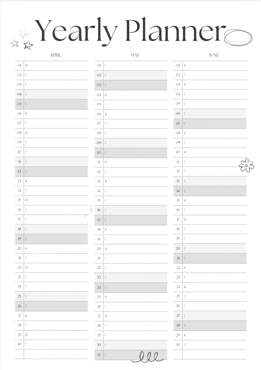 A clean black and white yearly planner page with detailed monthly grids layout