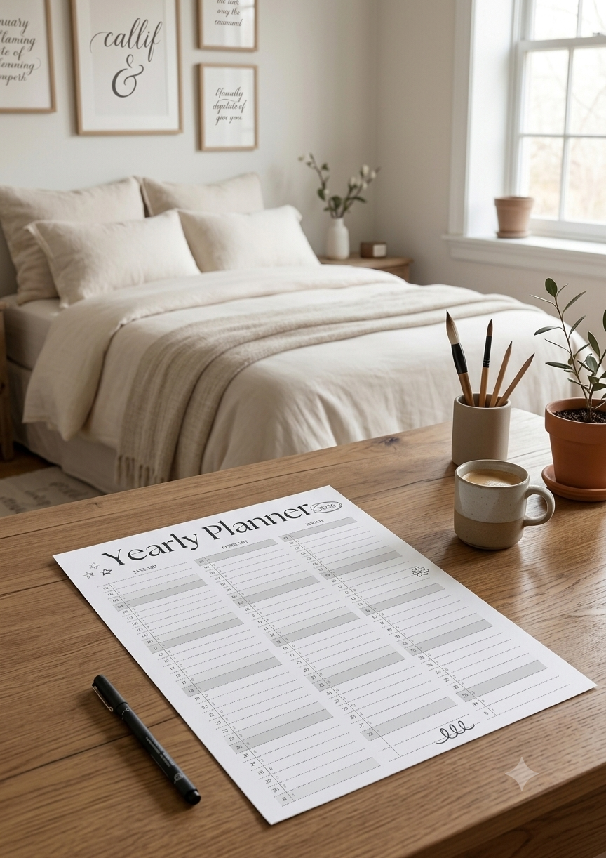 AA clean high-quality printed yearly planner bundle sheet on a wooden desk