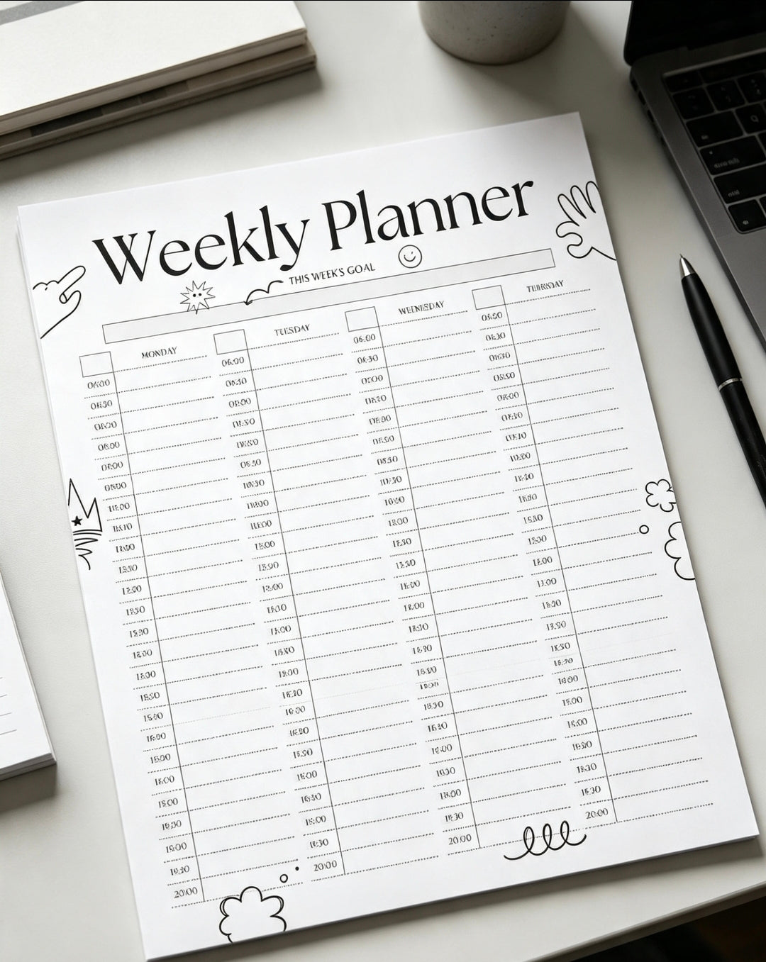 Cute minimalist weekly planner template sheet with clean time schedule columns