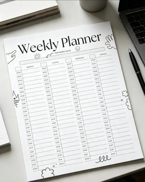 Cute minimalist weekly planner template sheet with clean time schedule columns