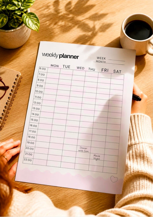 Cute pink weekly planner and hourly schedule layout template for digital download.