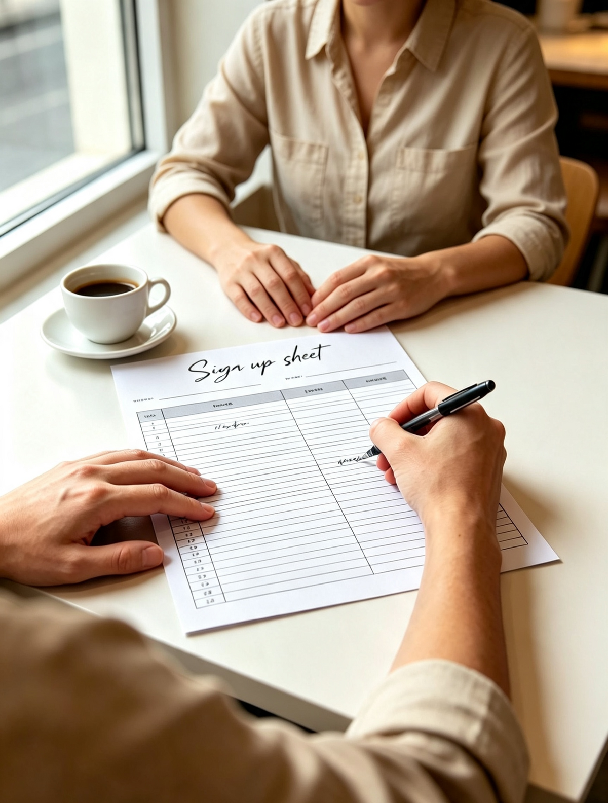Two people at a table filling out an event registration form and visitor log sheet