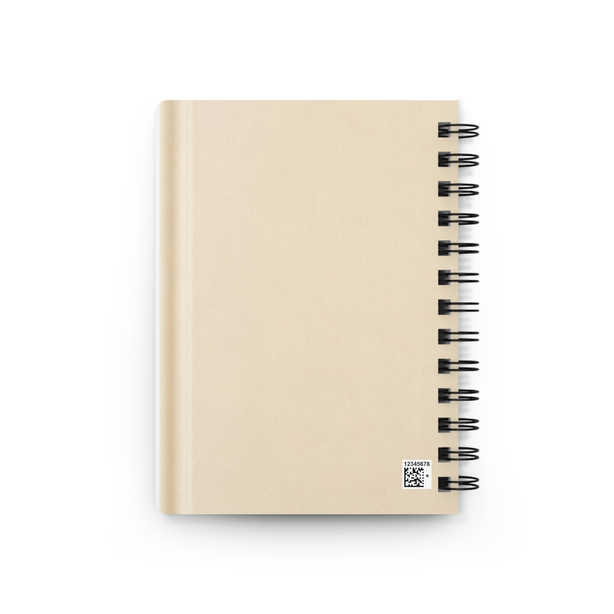 Back cover of Future Sync beige hardcover notebook with barcode and black spiral binding
