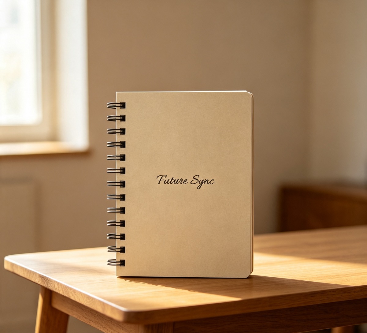 Future Sync vertical beige hardcover spiral notebook on a wooden table with natural sunlight
