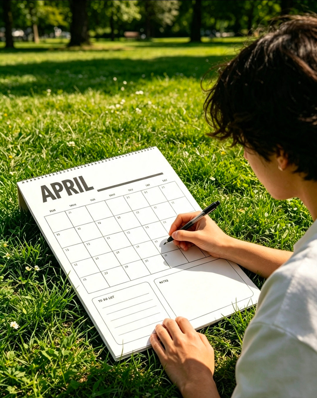 Close up view of a home and office productivity monthly calendar page on green turf grass