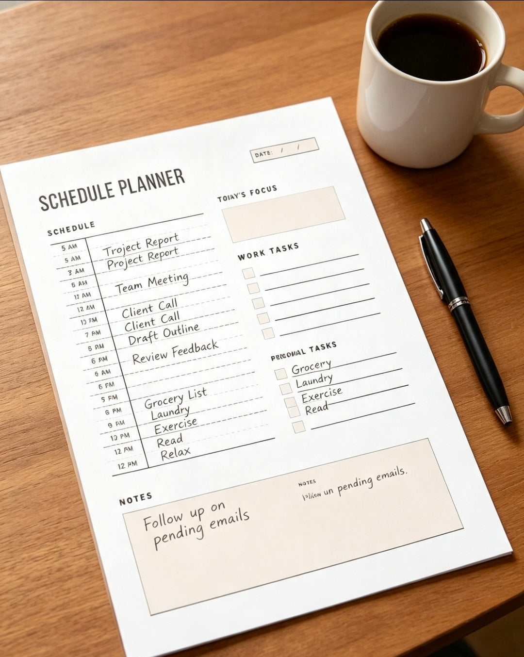 Printed hourly schedule planner template filled with daily business tasks on a table
