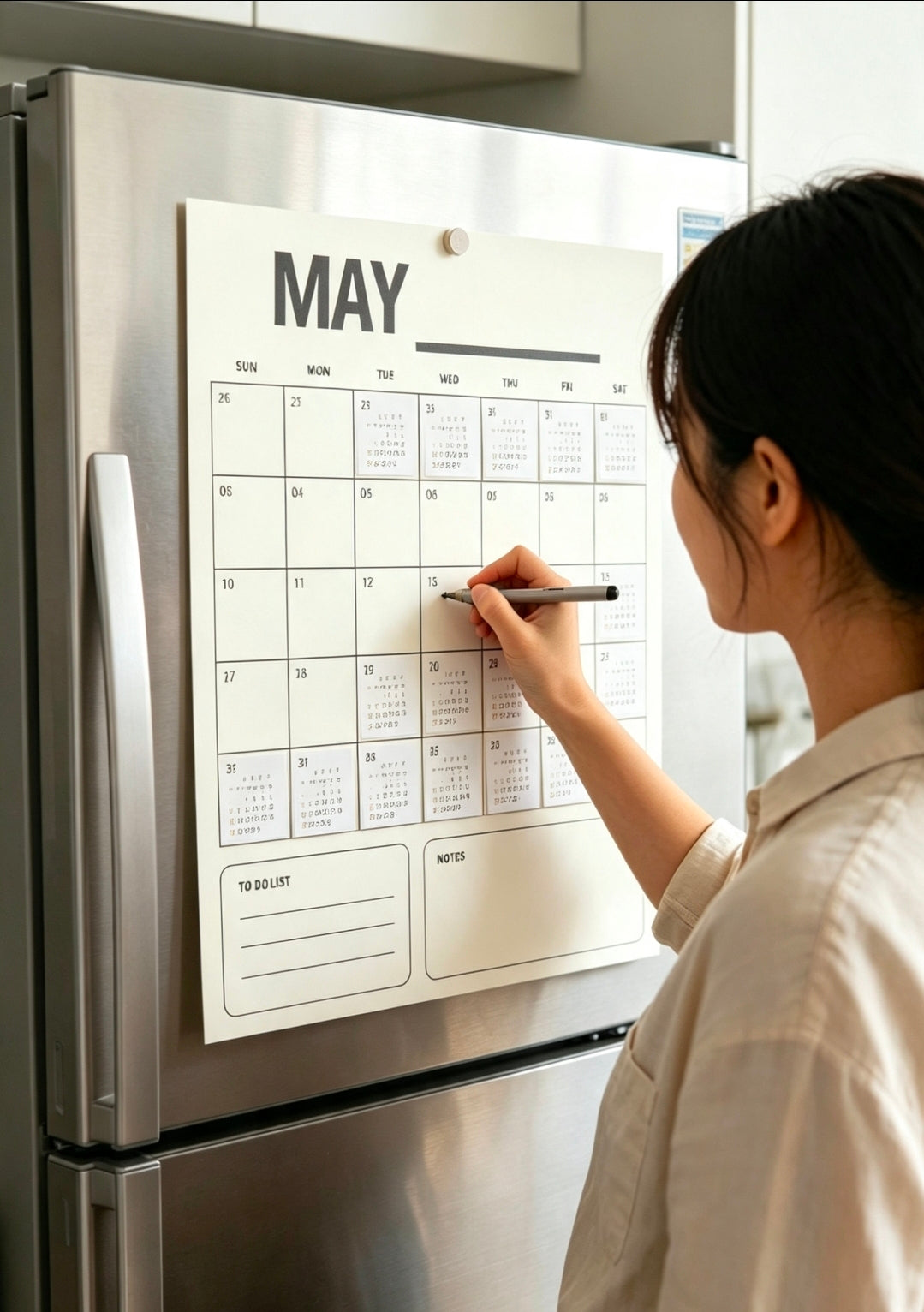 A clean monthly planner sheet attached to a kitchen refrigerator with magnets