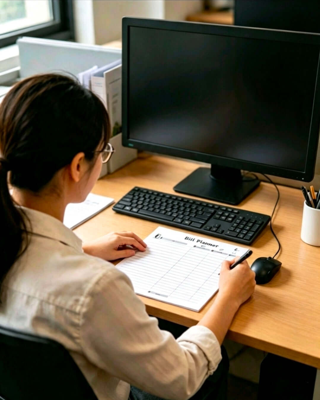 A woman sitting at a wooden desk, viewed from behind, writing on a bill planner pad next to a black computer monitor, keyboard, and mouse in an office setting.