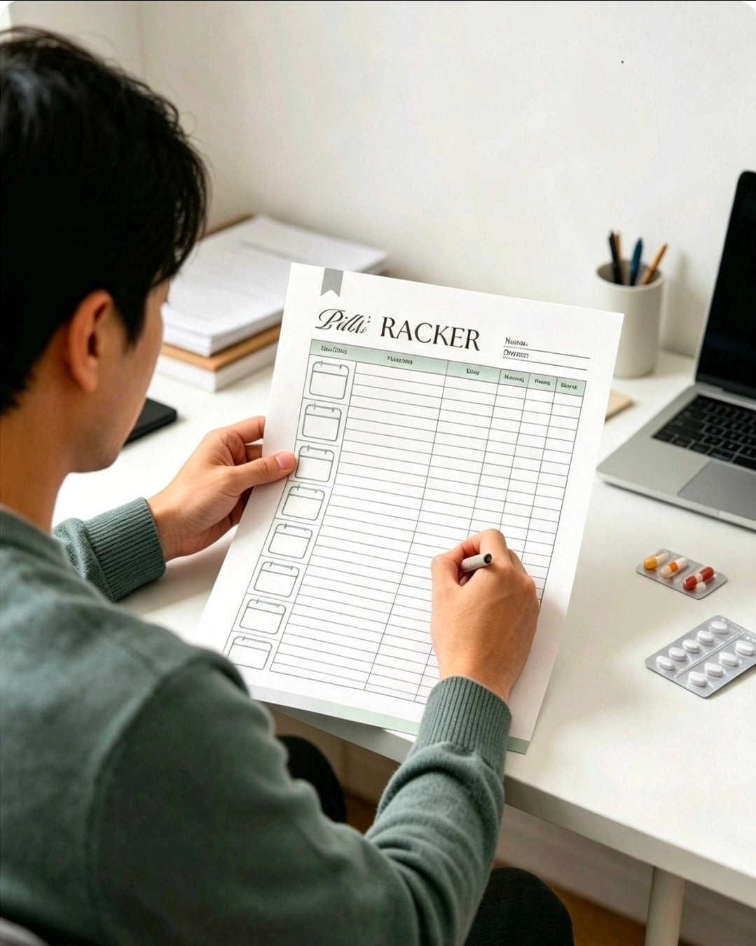 A person checking boxes on a printed daily medicine log sheet template at a desk