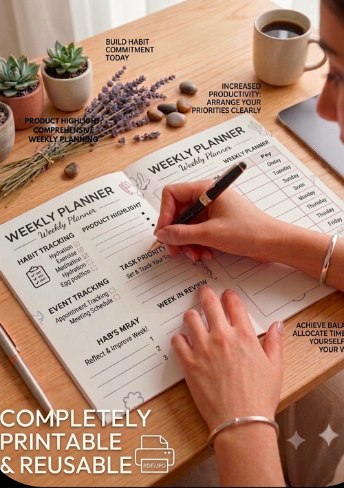 Close up of hands writing schedule in a clean minimalist weekly planner template