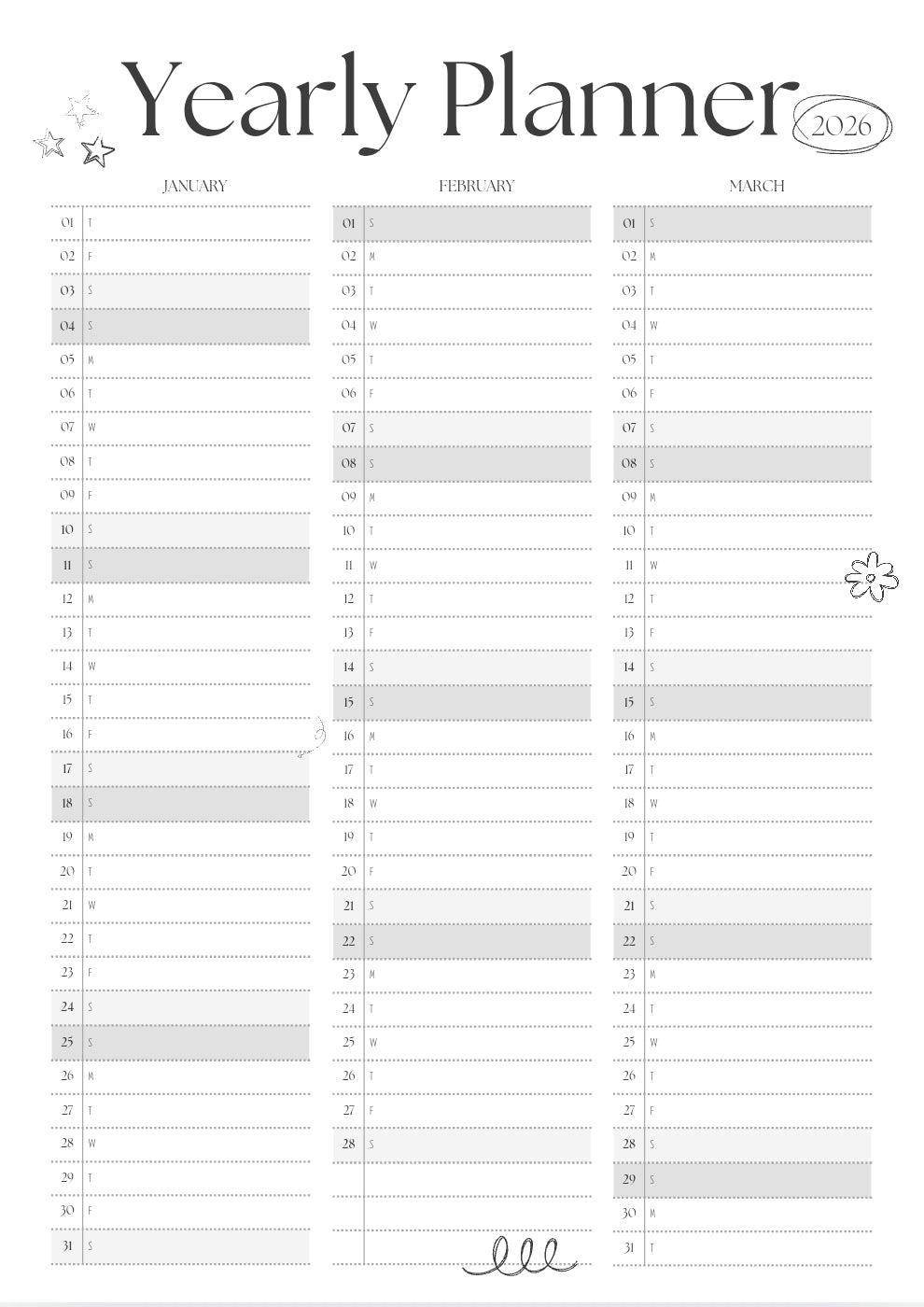 A minimalist yearly planner page for 2026, featuring a monthly grid layout from January to December with lined writing sections and light gray highlighted boxes.on a white background.