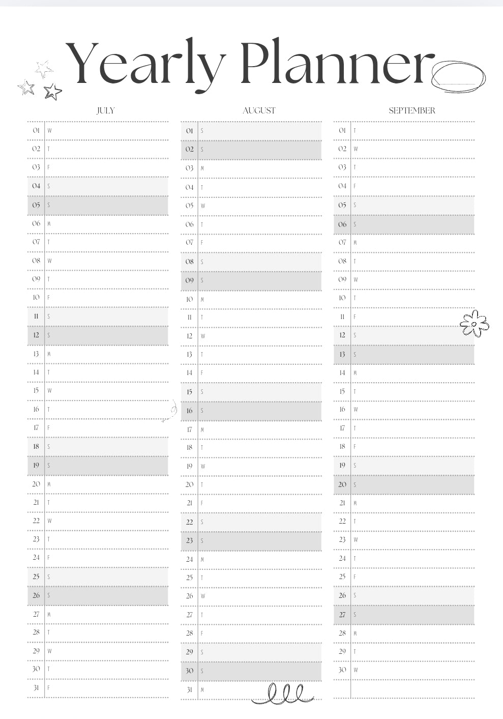 Yearly planner page layout with column grids for January through September tracking