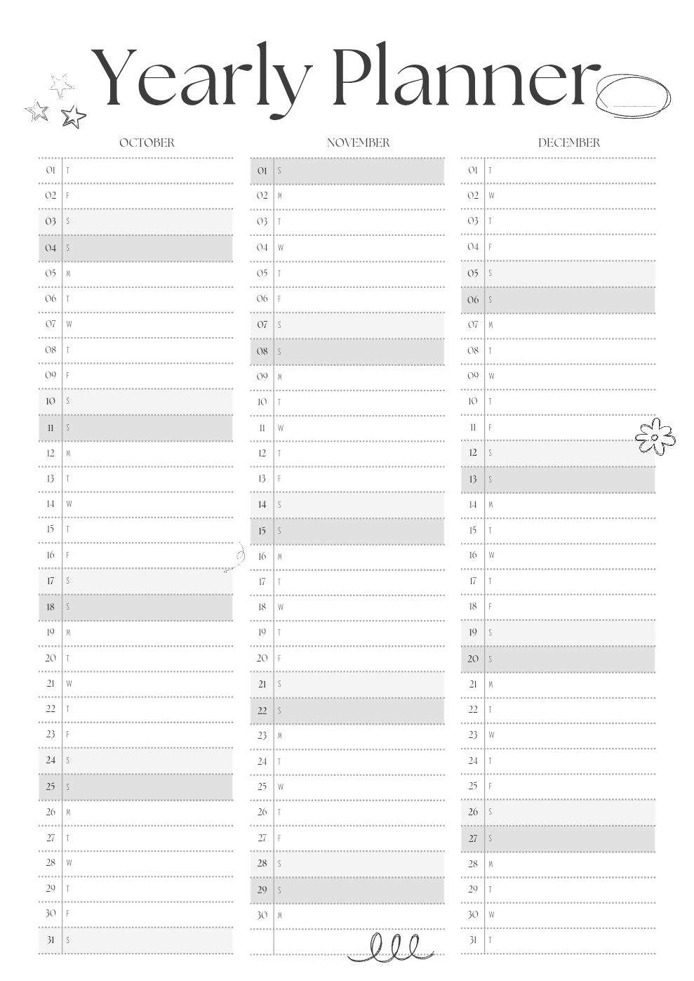 Minimalist yearly planner page columns for October November and December tracking