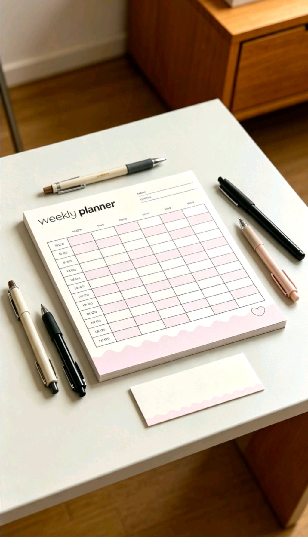A pink weekly planner pad and small notepad on a white desk with pens