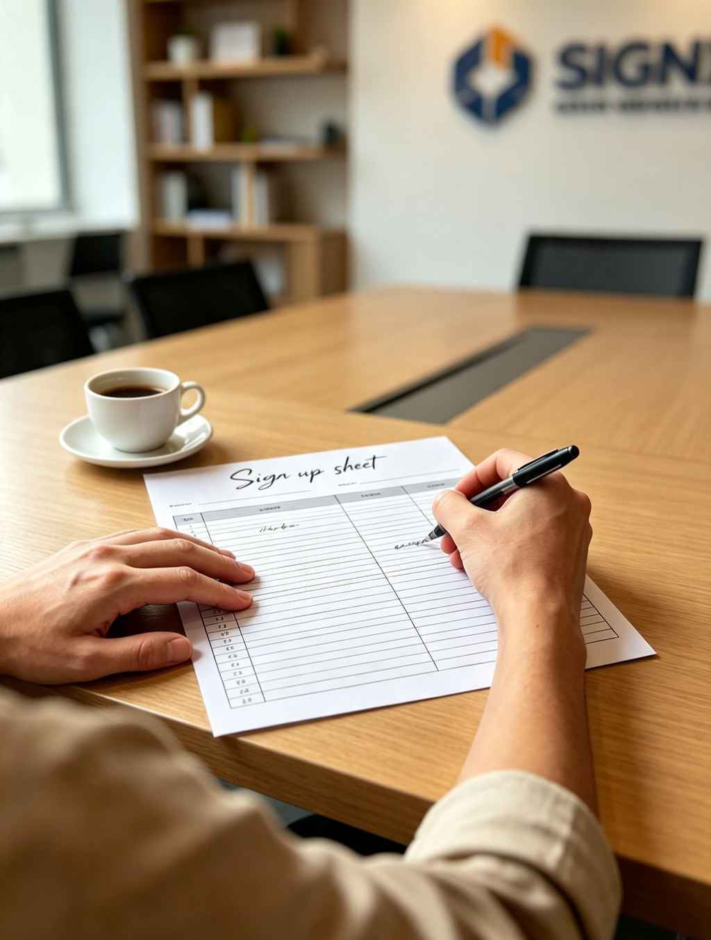 Professional printable sign up sheet template for business and event registration on a wooden table