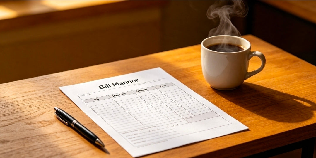 Printed monthly expense tracker log sheet placed on a wooden table next to a hot coffee mug