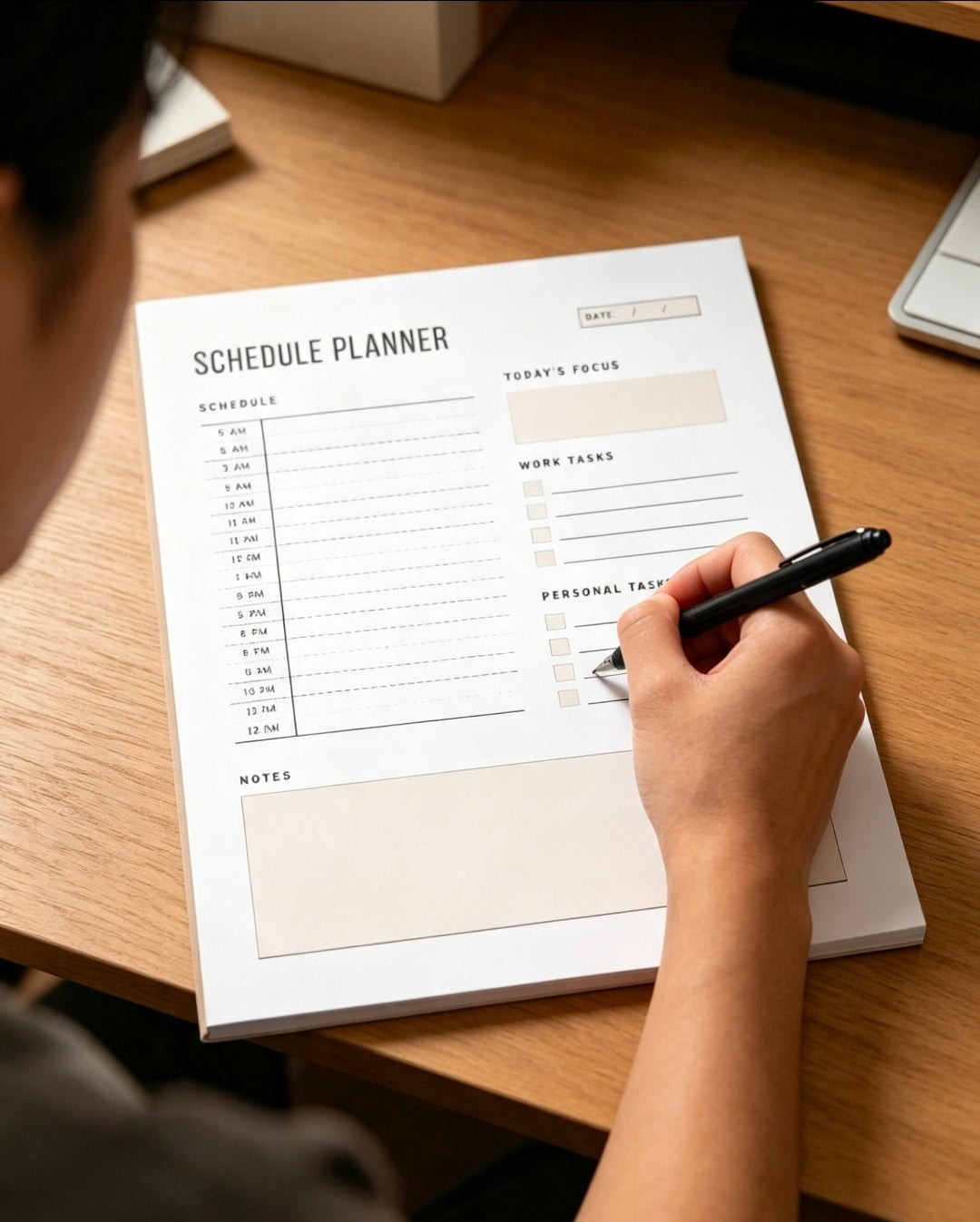 Close up of hands using a pen to block time on a printable daily routine tracker notes sheet