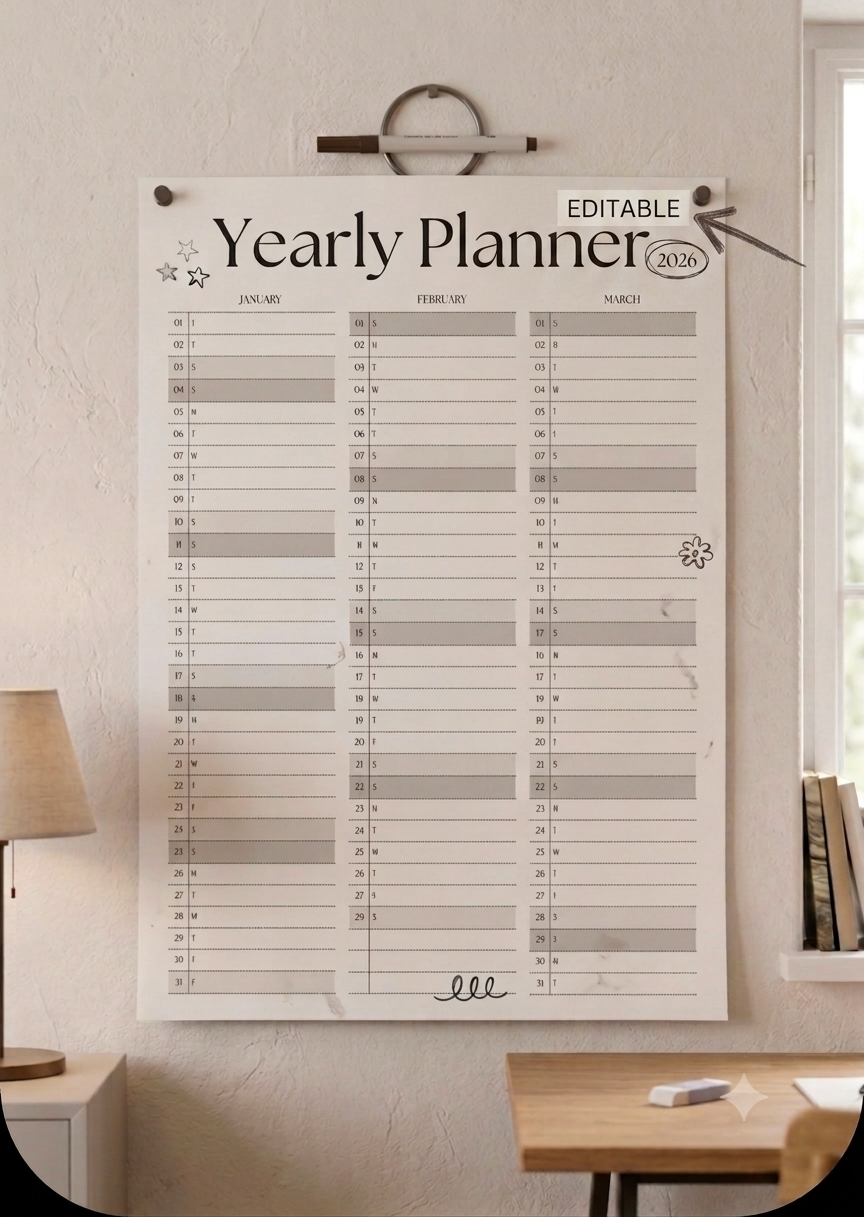 An elegant 12 month yearly planner page hanging on a home office wall