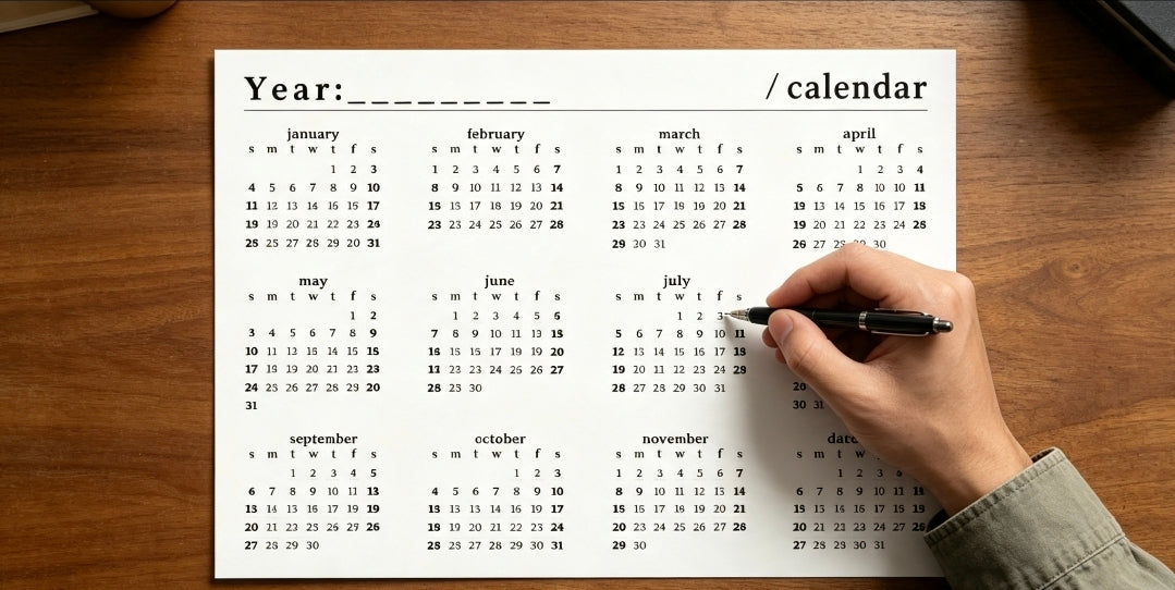 A clean black and white minimalist single page yearly calendar layout template