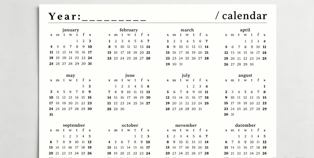Blank undated 12 month calendar grid printable insert template PDF