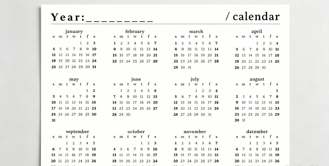 Blank undated 12 month calendar grid printable insert template PDF