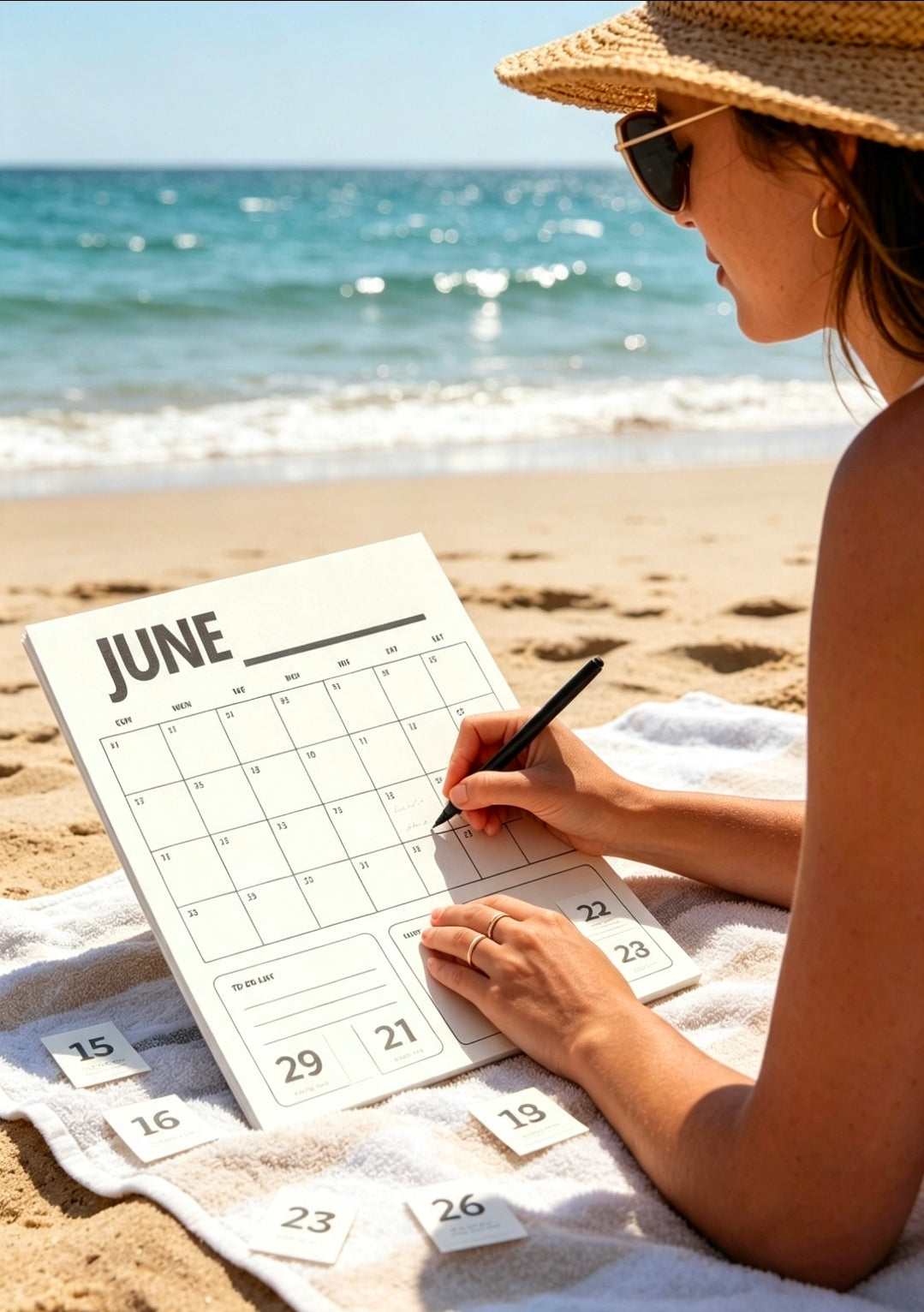 Undated monthly planner calendar page displayed on a sandy beach during summer