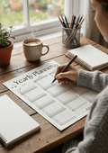 A person writing on a minimalist yearly planner bundle sheet on a wooden desk with a notebook.